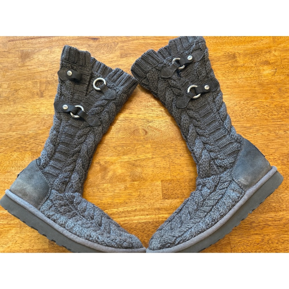 UGG Australia Lattice Cardy Charcoal Grey Cable Knit Tall Boots Women 7
